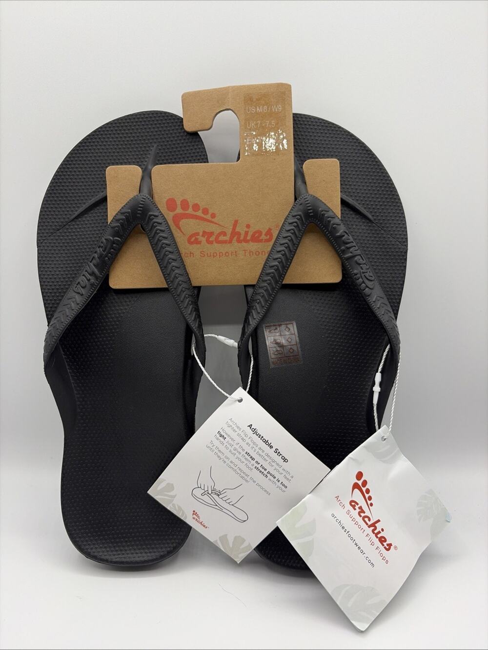 Archies Flip Flop Sandal Unisex Sz M8 W9 Black Arch Support Therapy NWT